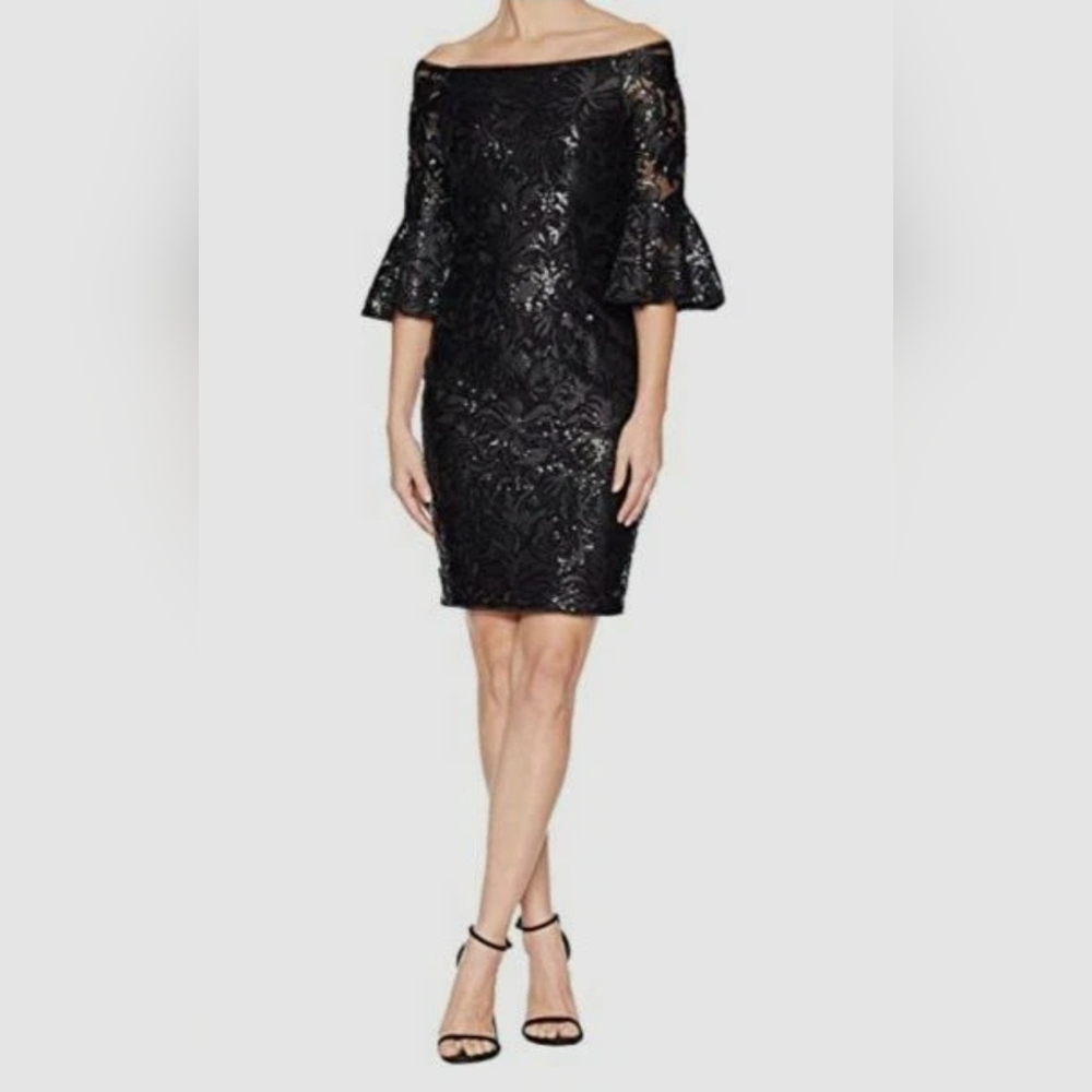 Adrianna Papell Women's Bell Sleeve Off Shoulder Sequin Sheath Dress Size 6
